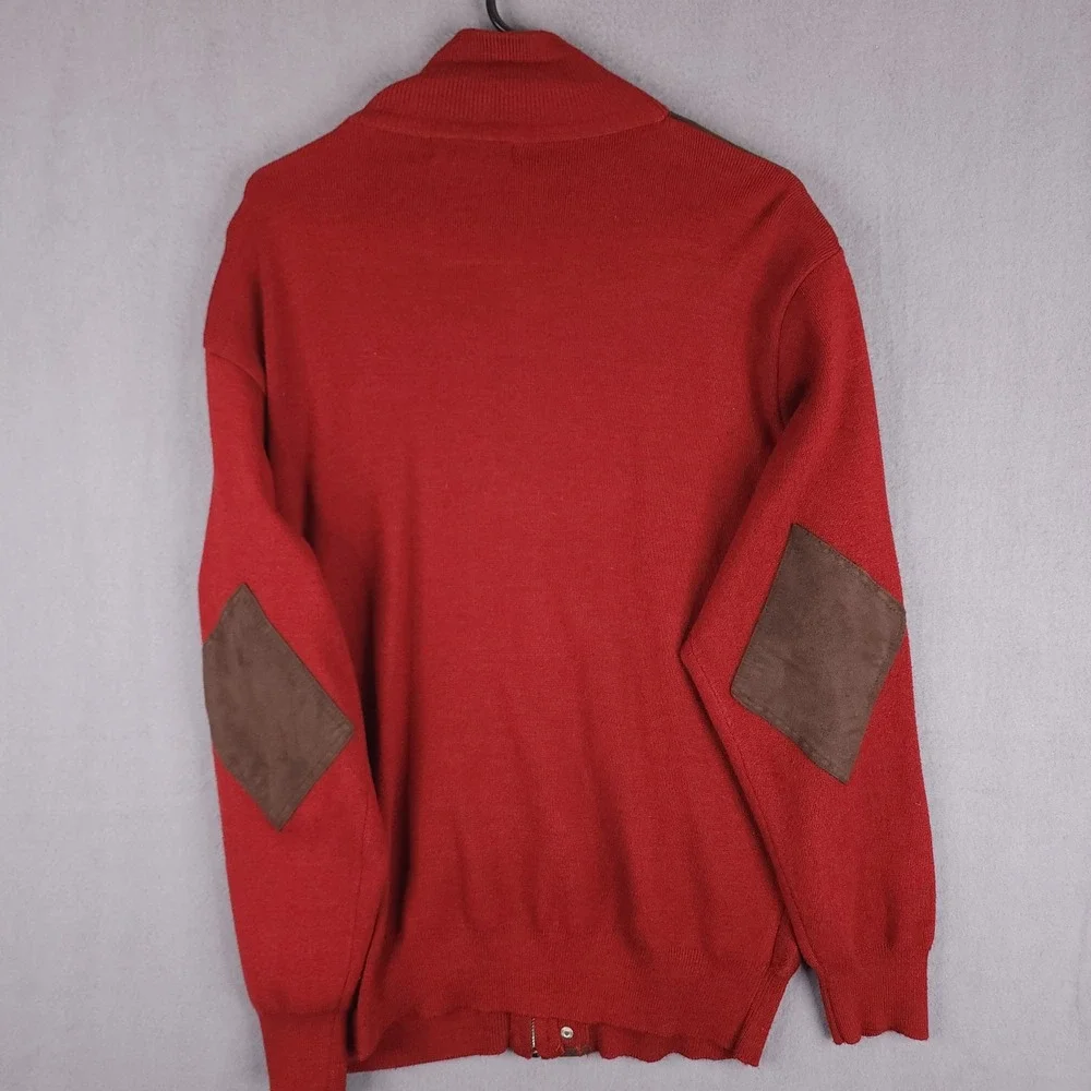 Silversilk Sweater Mens‎ Large Red Geometric Full Zip Suede Trim Elbow Patches L